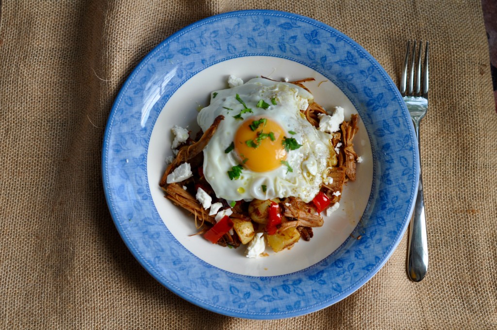 Pulled pork hash with egg and feta